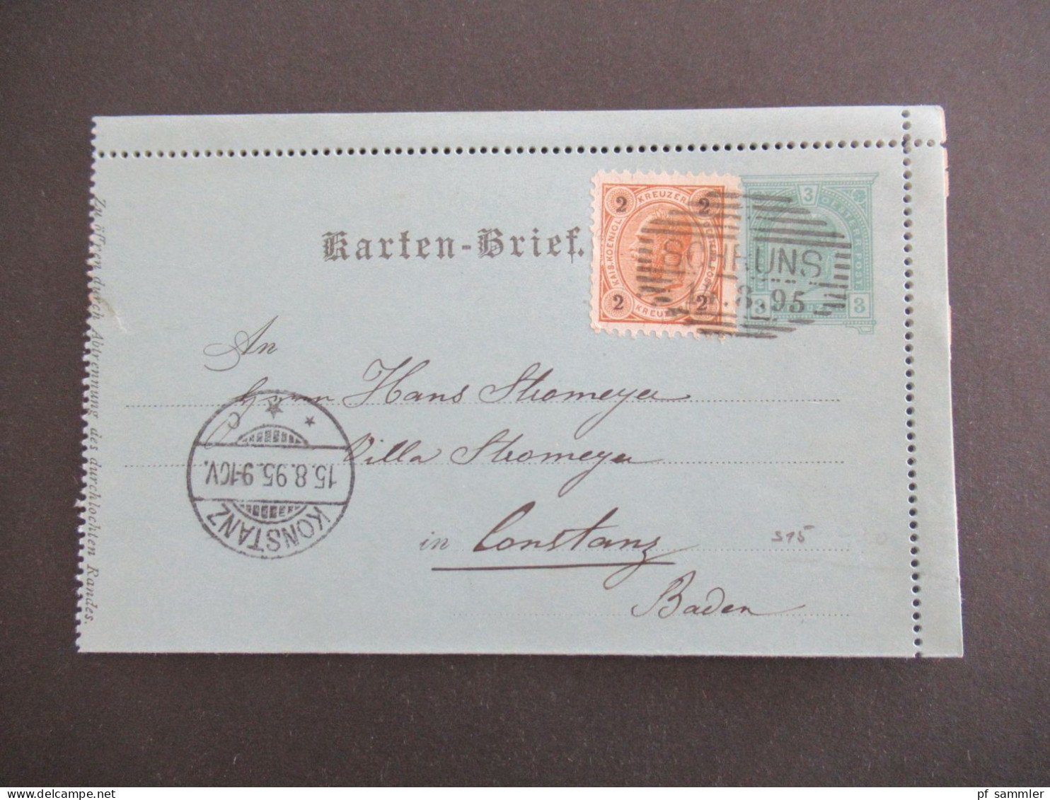 Österreich 1895 Kartenbrief 3 Kreuzer Mit 2 Kreuzer Zusatzfrankatur Strichstempel Schruns - Konstanz Villa Stromeyer - Cartes-lettres