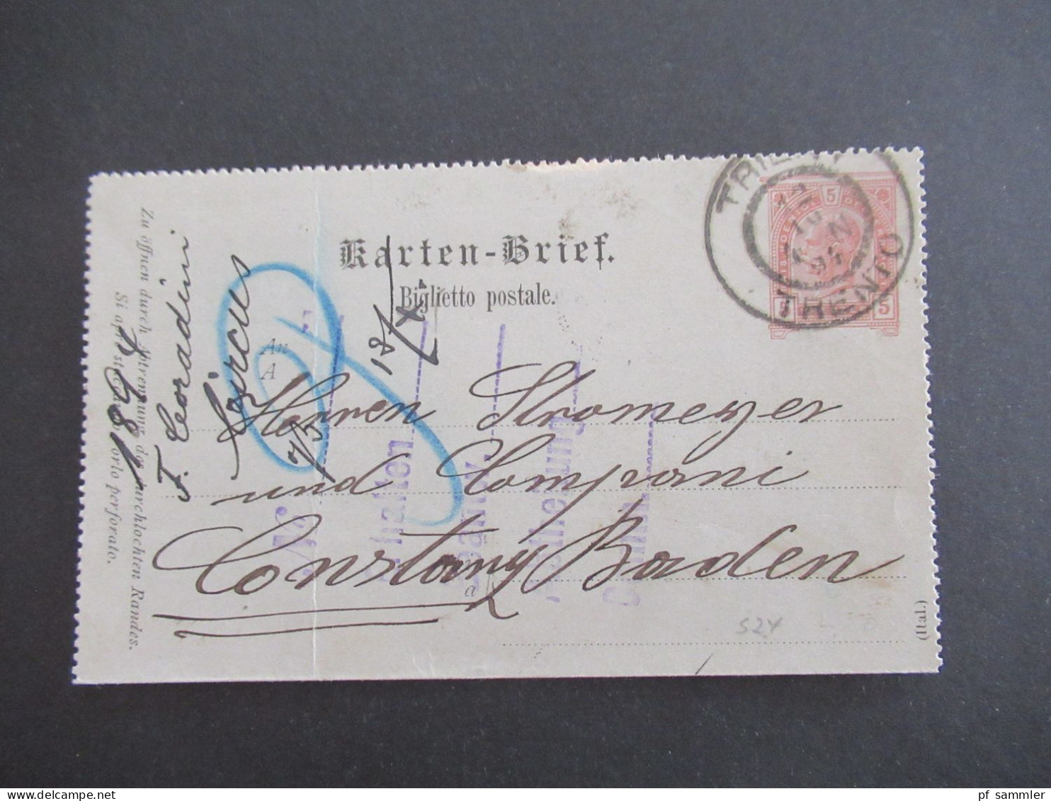 Österreich 1894 Kartenbrief 5 Kreuzer K2 Trient Trento - Konstanz Baden Mit Ank. Gitterstempel Konstanz / Stromeyer - Letter-Cards