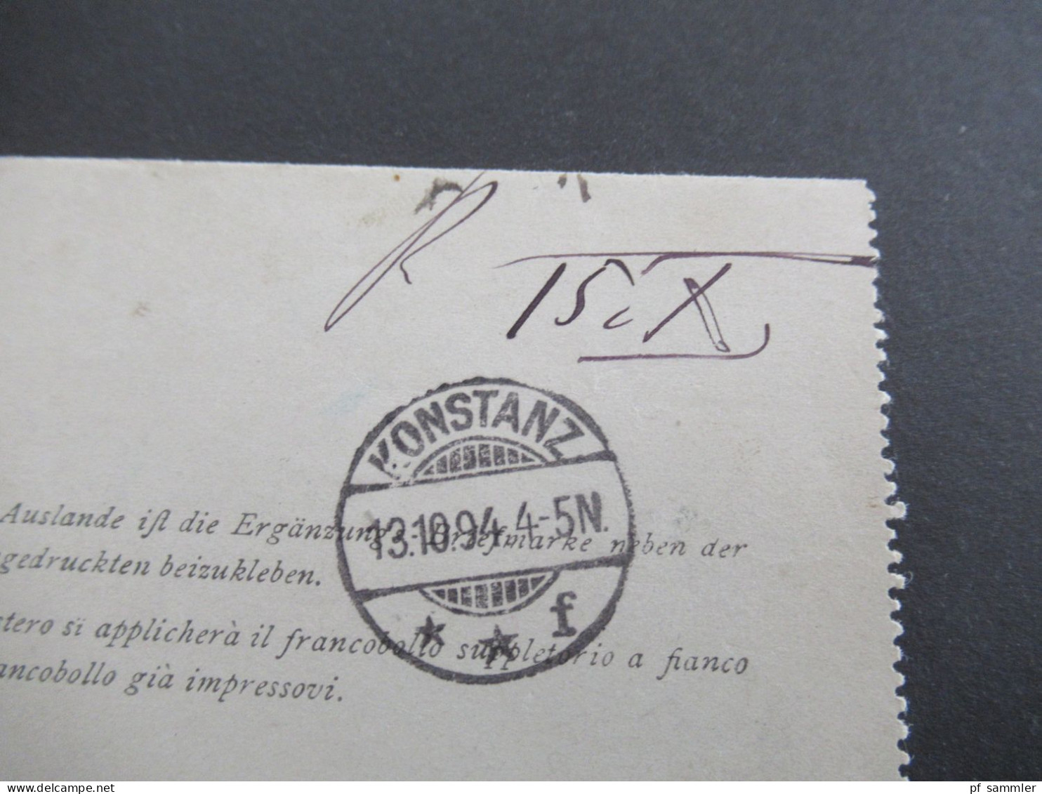 Österreich 1894 Kartenbrief 5 Kreuzer K2 Trient Trento - Konstanz Baden mit Ank. Gitterstempel Konstanz / Stromeyer