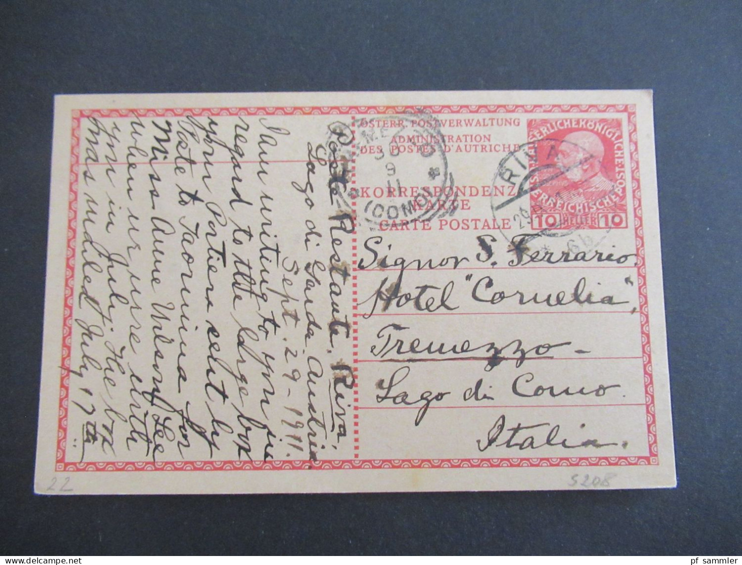 Österreich / Italien 1911 GA 10 Heller Stempel Riva (Gardasee) Nach Tremezzo Lago Di Como / Poste Restante - Briefkaarten