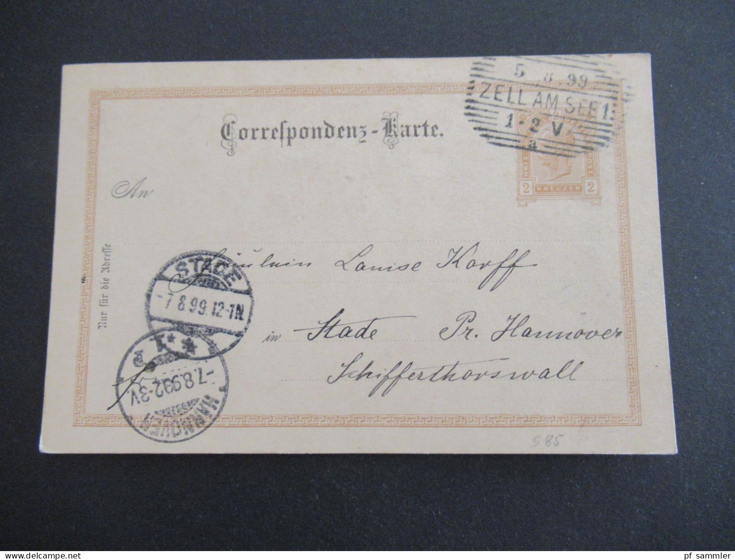 Österreich 1899 GA 2 Kreuzer Strichstempel Zell Am See Nach Stade Mit 2x Ank. Gitterstempel Stade Und Hannover - Postcards