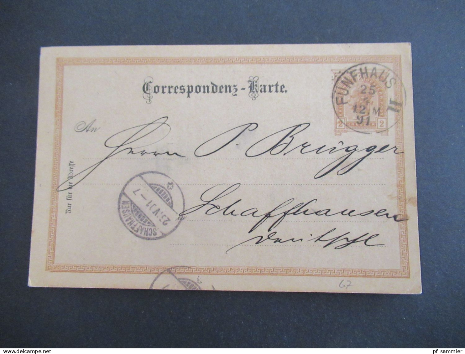 Österreich 1891 GA 2 Kreuzer Bedruckte PK Géza Baneth, Weingrosshandlung Wien Stempel Fünfhaus II - Schaffhausen Schweiz - Cartes Postales