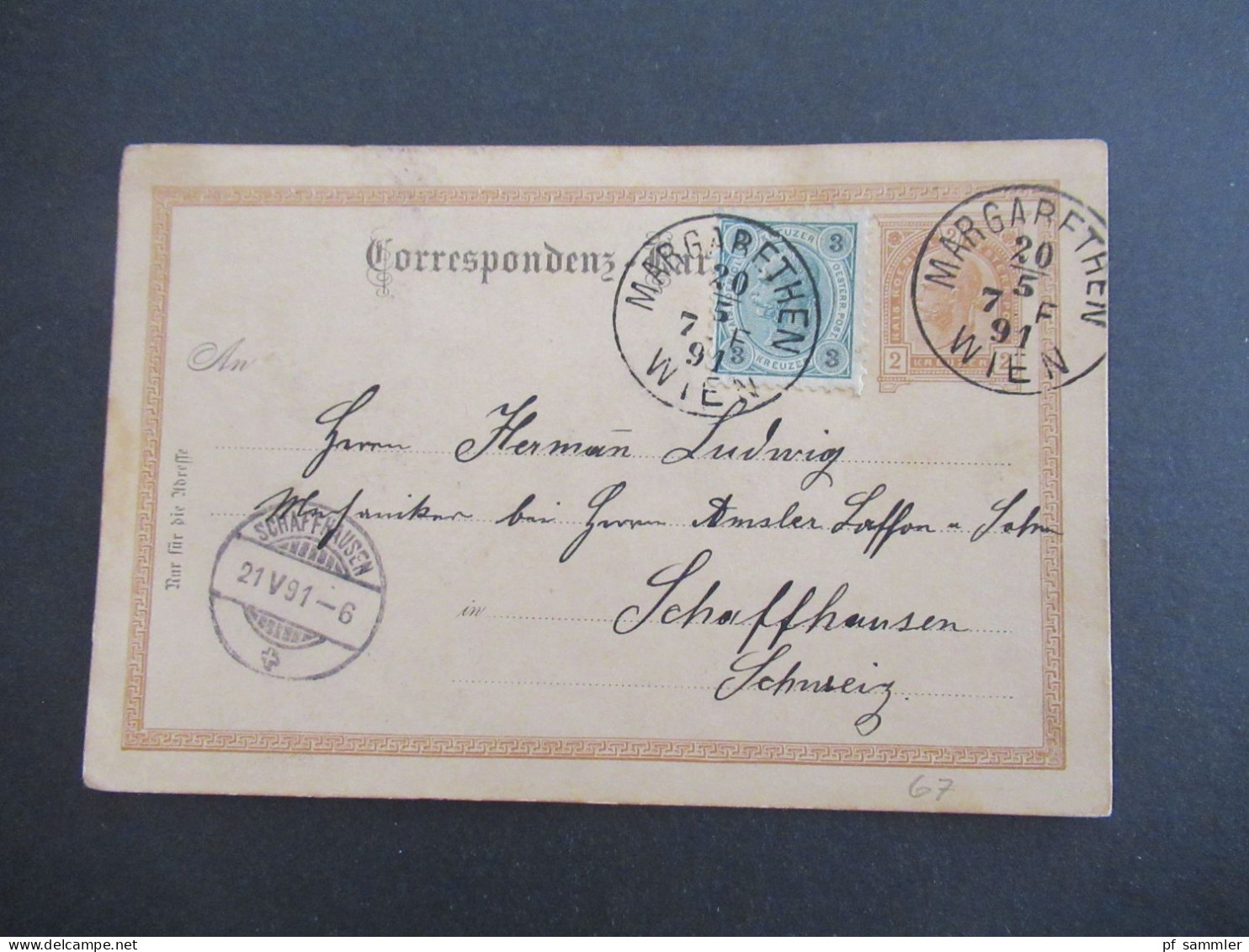 Österreich 1891 GA 2 Kreuzer Mit 3 Kreuzer Zusatzfrankatur K1 Margarethen Wien - Schaffhausen Schweiz - Cartes Postales