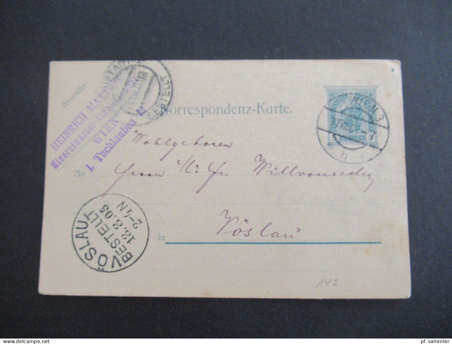 Österreich 1905 GA 5 Heller Wien 3 - Vöslau Mit K1 Vöslau Bestellt Abs. Heinrich Mattoni Mineralwasser Tuchlauben 12 - Postcards