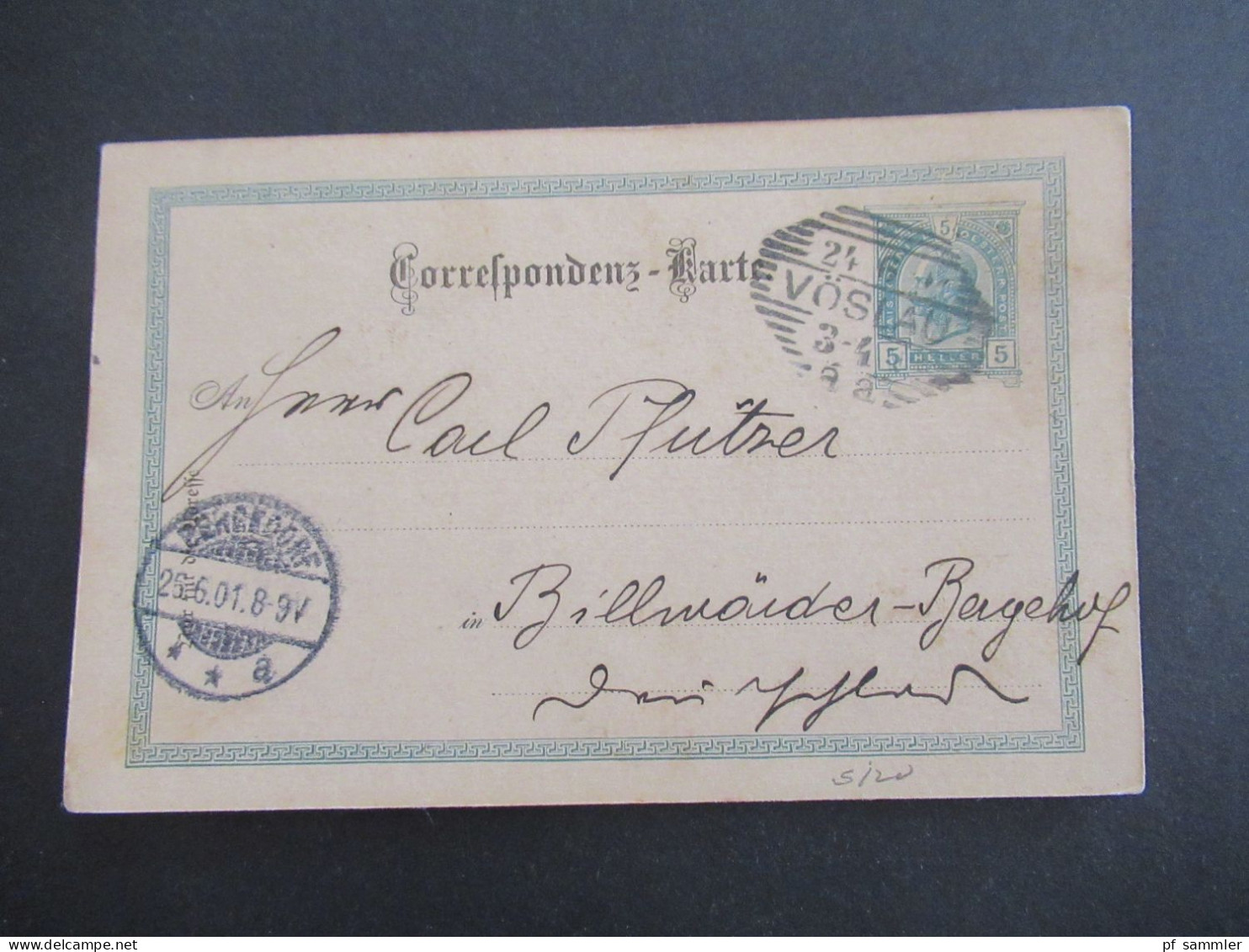 Österreich 1901 GA 5 Heller Strichstempel Vöslau Nach Billwerder Bergedorf Mit Ank. Gitterstempel Bergedorf - Cartoline