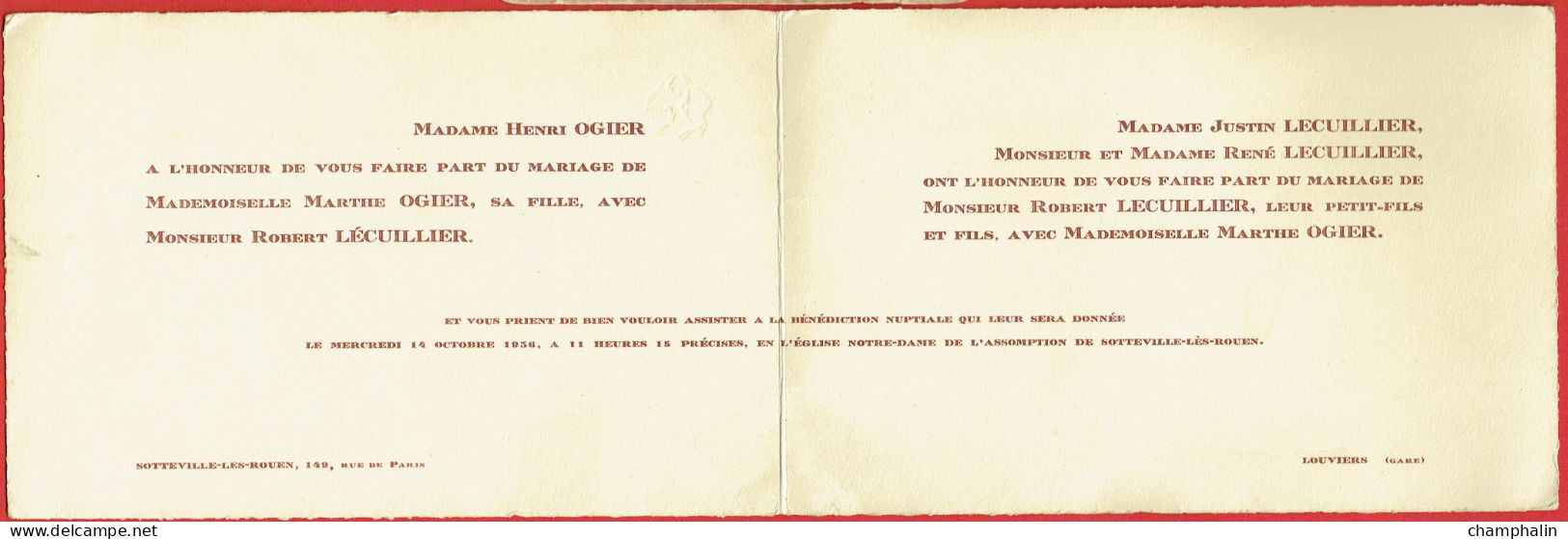 Faire-part De Mariage - Robert Lécuillier & Marthe Ogier à Sotteville-lès-Rouen (76) - 14 Octobre 1936 - Louviers (27) - Huwelijksaankondigingen