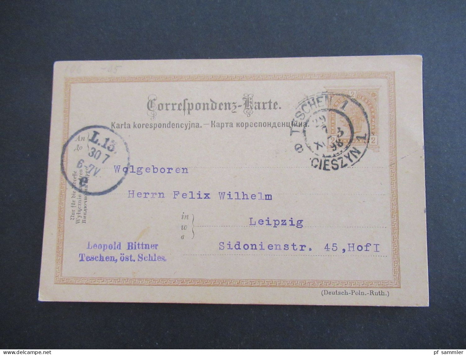 Österreich 1898 GA Stempel Teschen 1 Cieszyn Nach Leipzig Absender Stempel Leopold Bittner Teschen Öster. Schlesien - Postcards