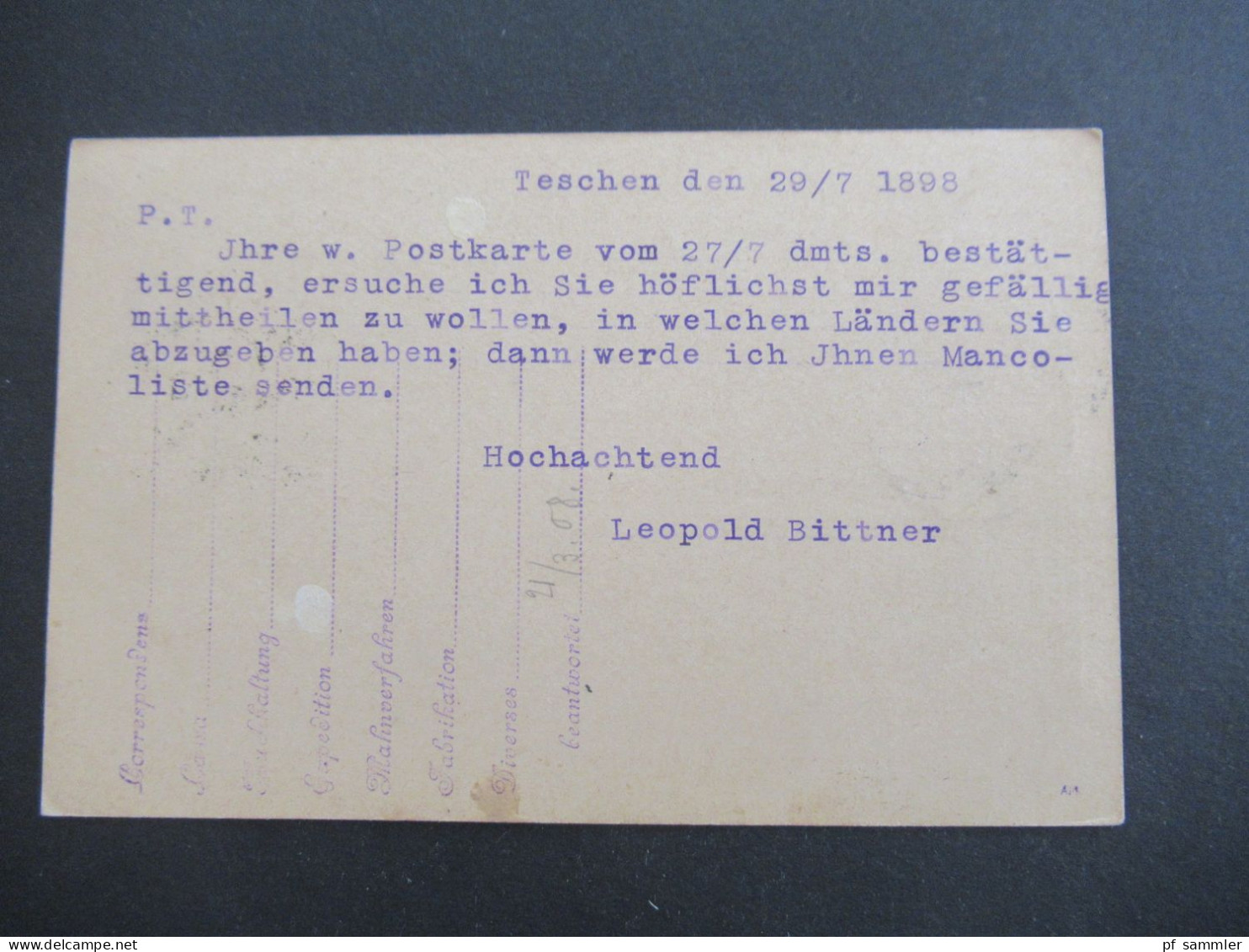 Österreich 1898 GA Stempel Teschen 1 Cieszyn Nach Leipzig Absender Stempel Leopold Bittner Teschen Öster. Schlesien - Postkarten