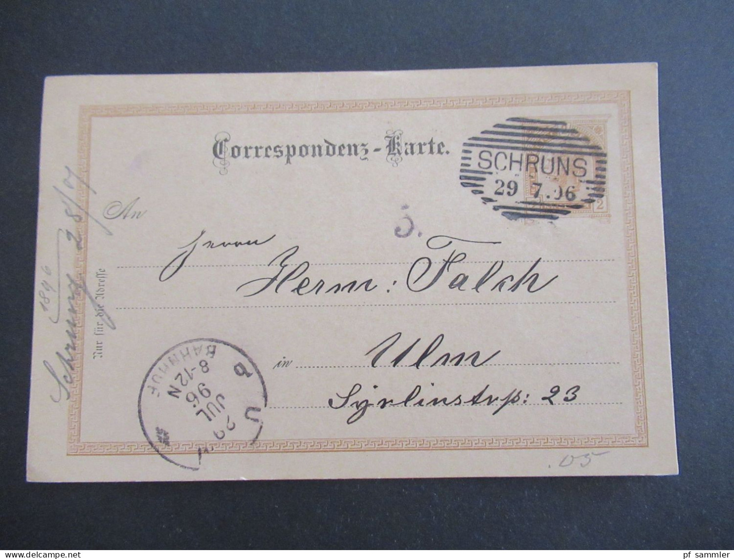 Österreich 1896 GA 2 Kreuzer Strichstempel Schruns - Ulm Mit Ank. Stempel K1 Ulm Bahnhof - Postcards