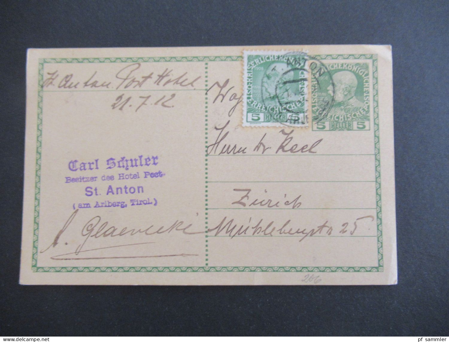 Österreich 1912 GA 5 Heller Mit Zusatzfrankatur St. Anton Am Arlberg Tirol - Zürich Schweiz Abs. Carl Schuler Hotel Post - Briefkaarten