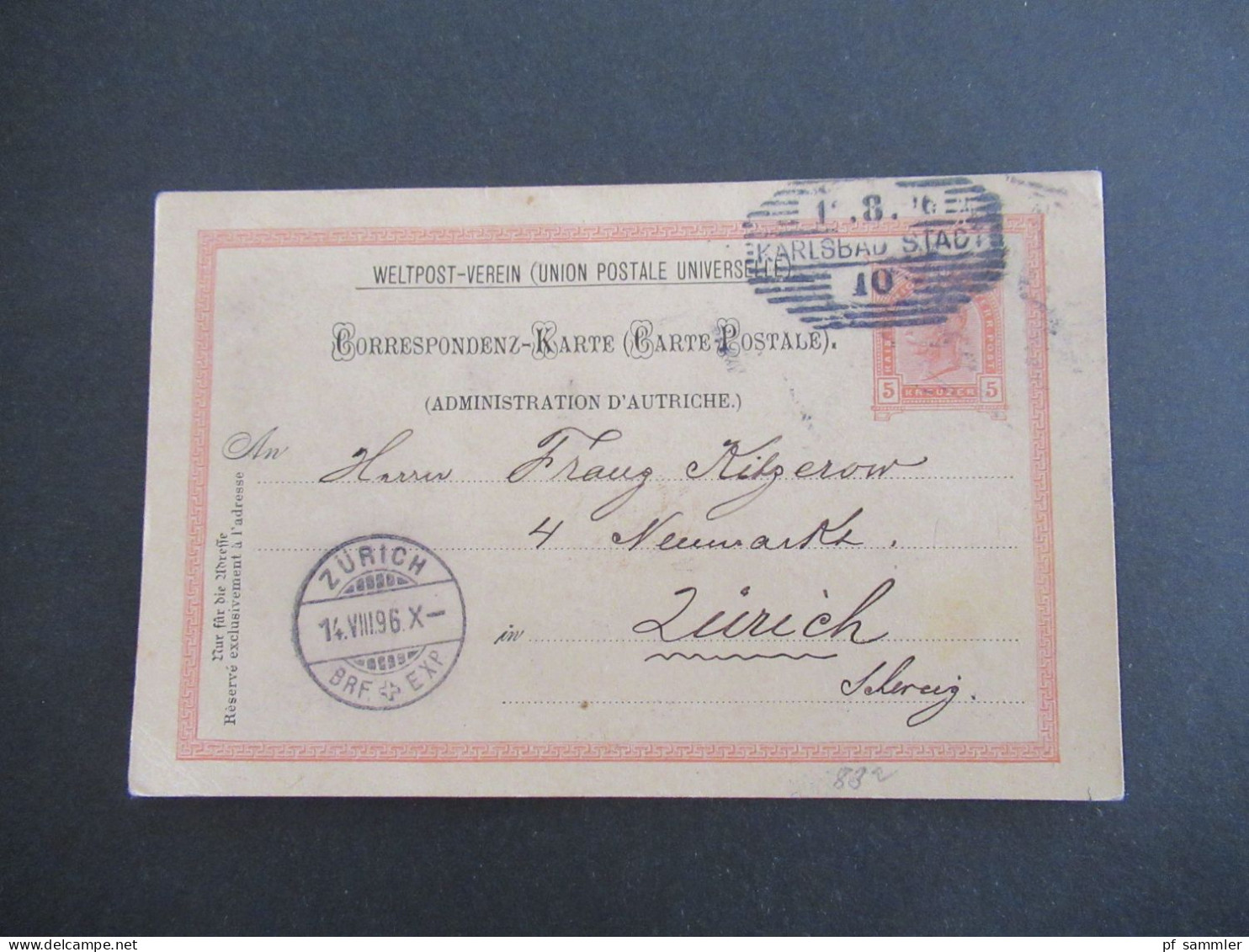 Österreich 1896 Weltpostverein UPU GA Strichstempel Karlsbad Stadt Nach Zürich Schweiz Mit Viel Text / Inhalt! - Cartoline