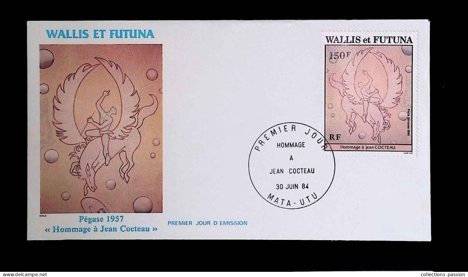 CL, FDC, 1 Er Jour, Wallis Et Futuna, France, Poste Aérienne, Mata-Utu, 30 Juin 84, Hommage à Jean Cocteau, Pégase 1957 - Storia Postale