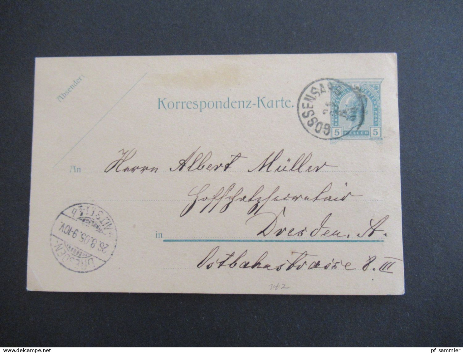 Österreich / Italien 1905 GA 5 Heller Stempel K1 Gossensass Nach Dresden Mit Ank. Stempel Gitterstempel Dresden - Postkarten