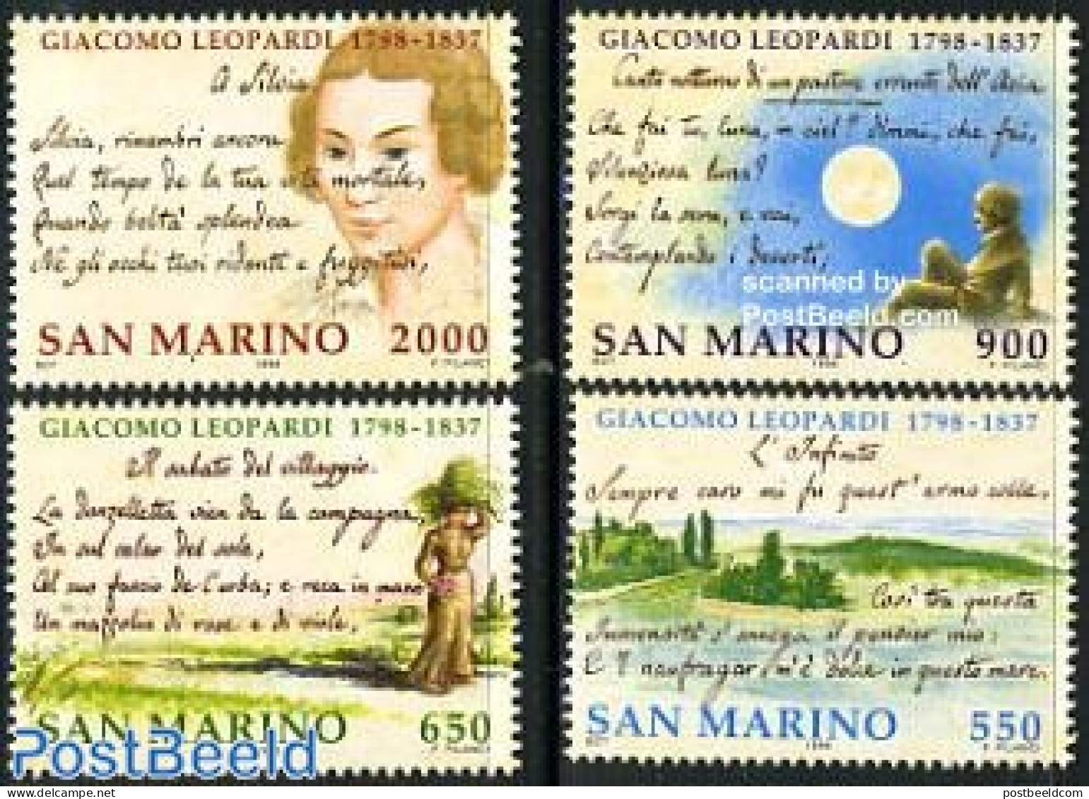 San Marino 1998 Giacomo Leopardi 4v, Mint NH, Art - Handwriting And Autographs - Neufs