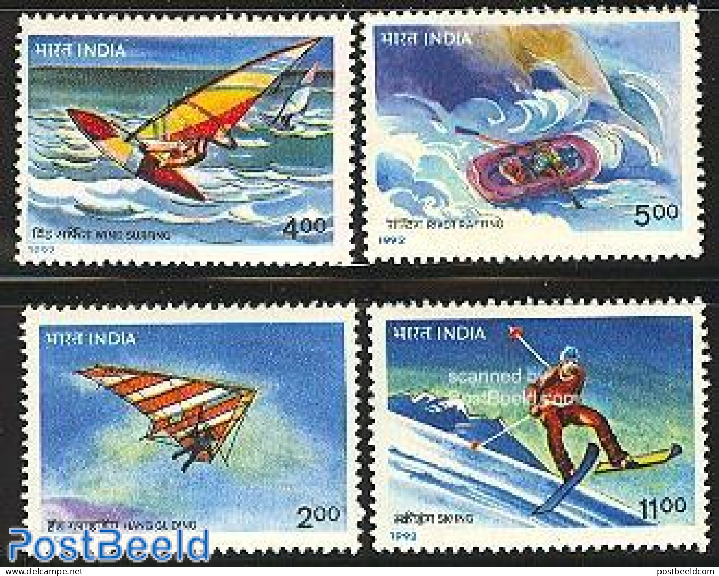 India 1992 Adventure Sports 4v, Mint NH, Sport - Kayaks & Rowing - Skiing - Sport (other And Mixed) - Nuovi