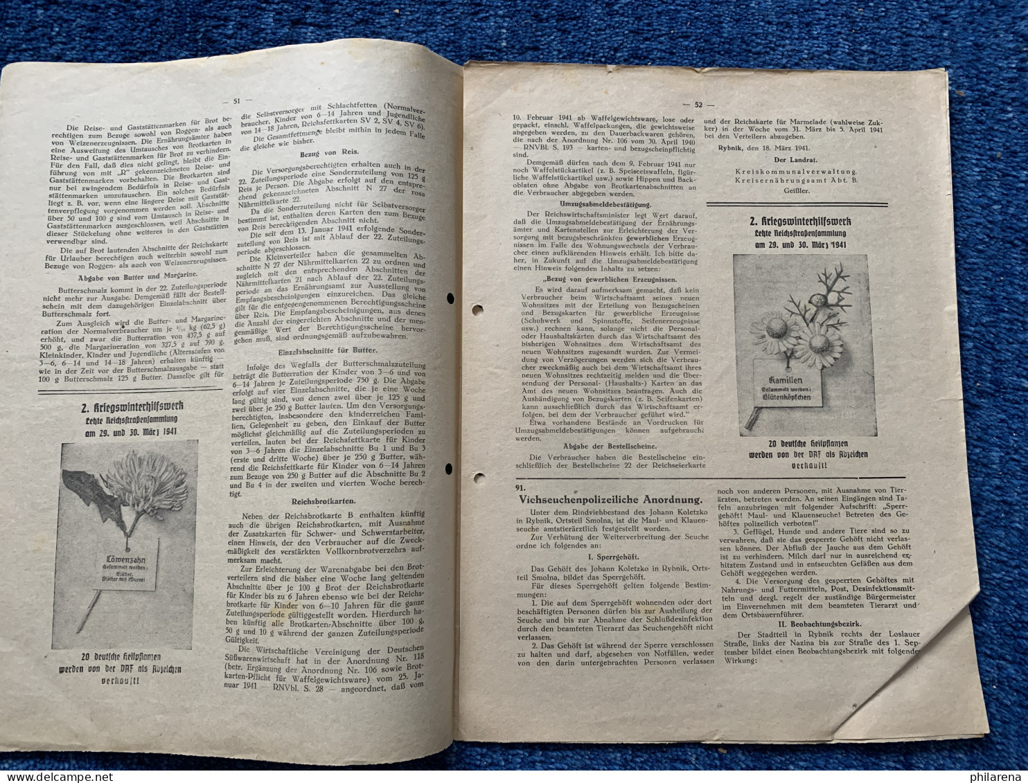 GG: Amtliches Kreisblatt Rybnik: 26.3.1941: Kartenstystem Für Lebensmittel, ... - Old Books