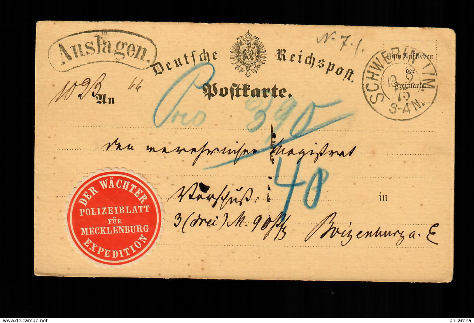 Postkarte Schwerin 1875, Nachverwendeter Stempel - Mecklenbourg-Schwerin