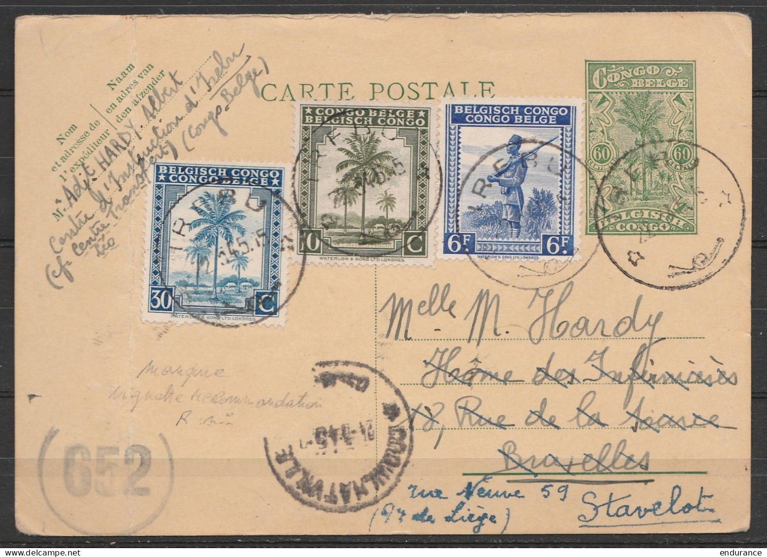 Congo Belge - EP 60c + N°249+233+244 Càd IREBU /22.3.1945 Pour BRUXELLES Réexpédiée à STAVELOT - Manque Vignette Recomma - Stamped Stationery