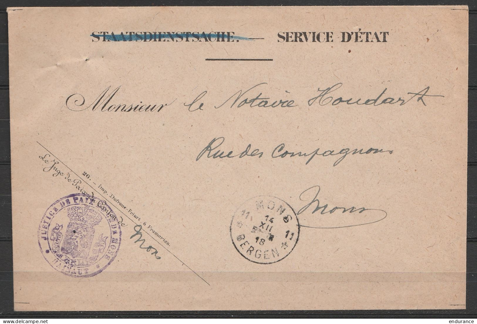 L. En Franchise "Service D'Etat" Càd MONS 11/14 XII 1918 D'un Juge De Paix Pour Notaire EV - Franquicia
