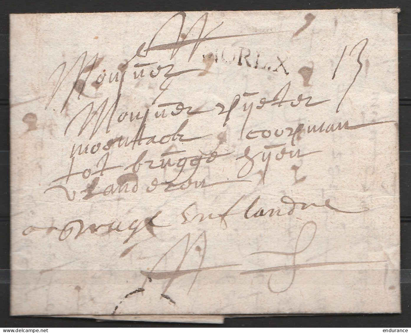 L. Datée 29 Septembre 1722 De MORLAIX Pour BRUGGE - Griffe "MOL.X" Port 13 - 1714-1794 (Oostenrijkse Nederlanden)