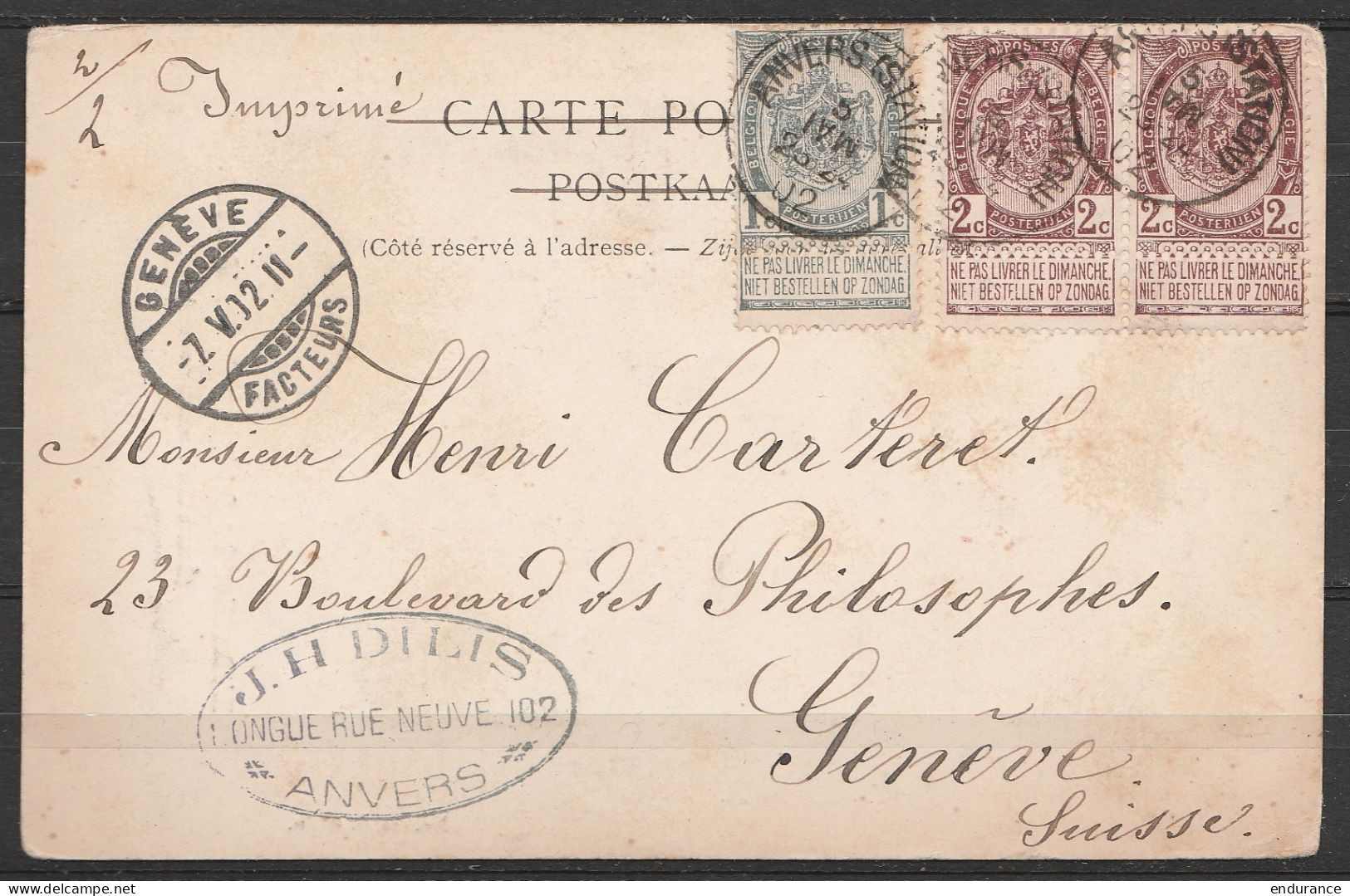 CP Affr. N°81+82x2 Càd ANVERS (STATION)/5 MAI 1902 (mois Inversé Dans Tampon !) Pour GENEVE (Suisse) - 1893-1907 Coat Of Arms
