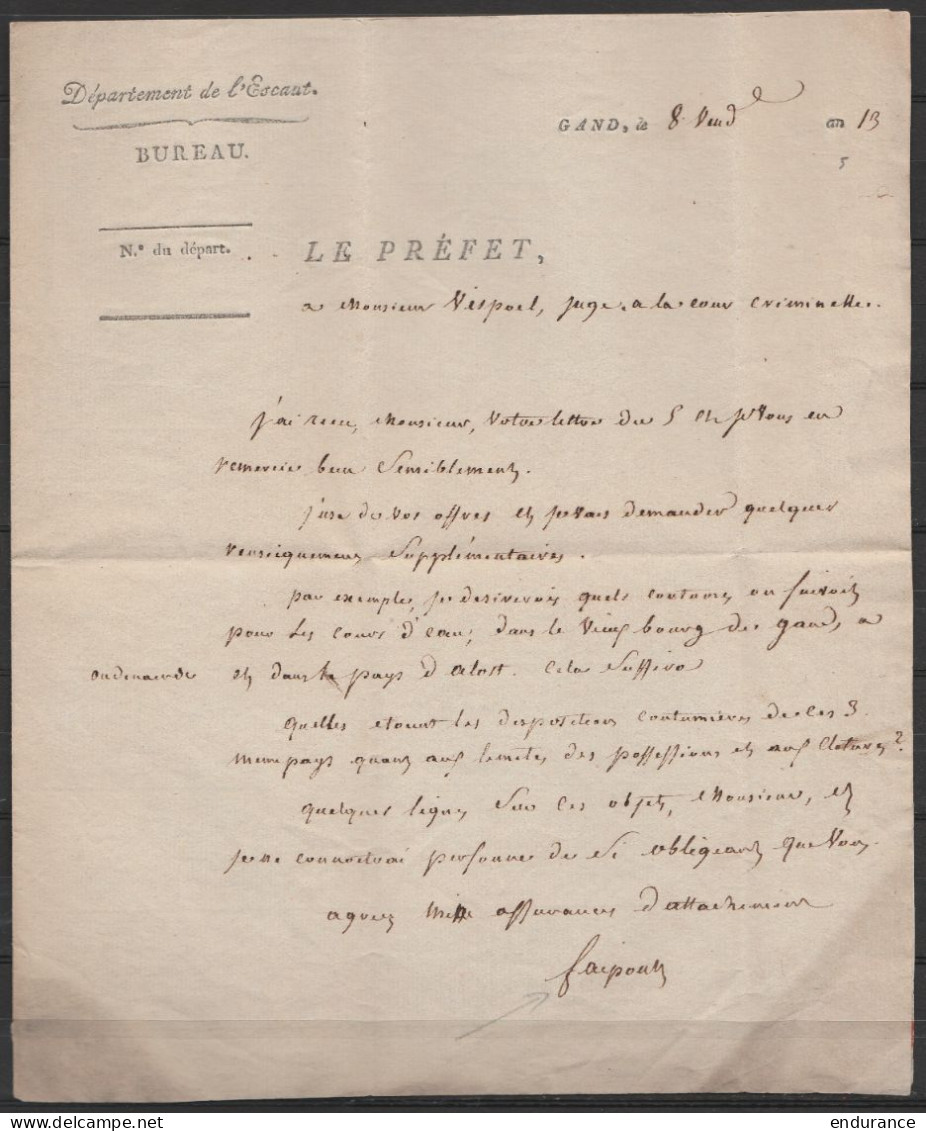 L. Entète Département De L'Escaut Datée 8 Ventôse An 13 (1804) De GAND Pour EV - Signée Préfet Fraipont - 1794-1814 (French Period)