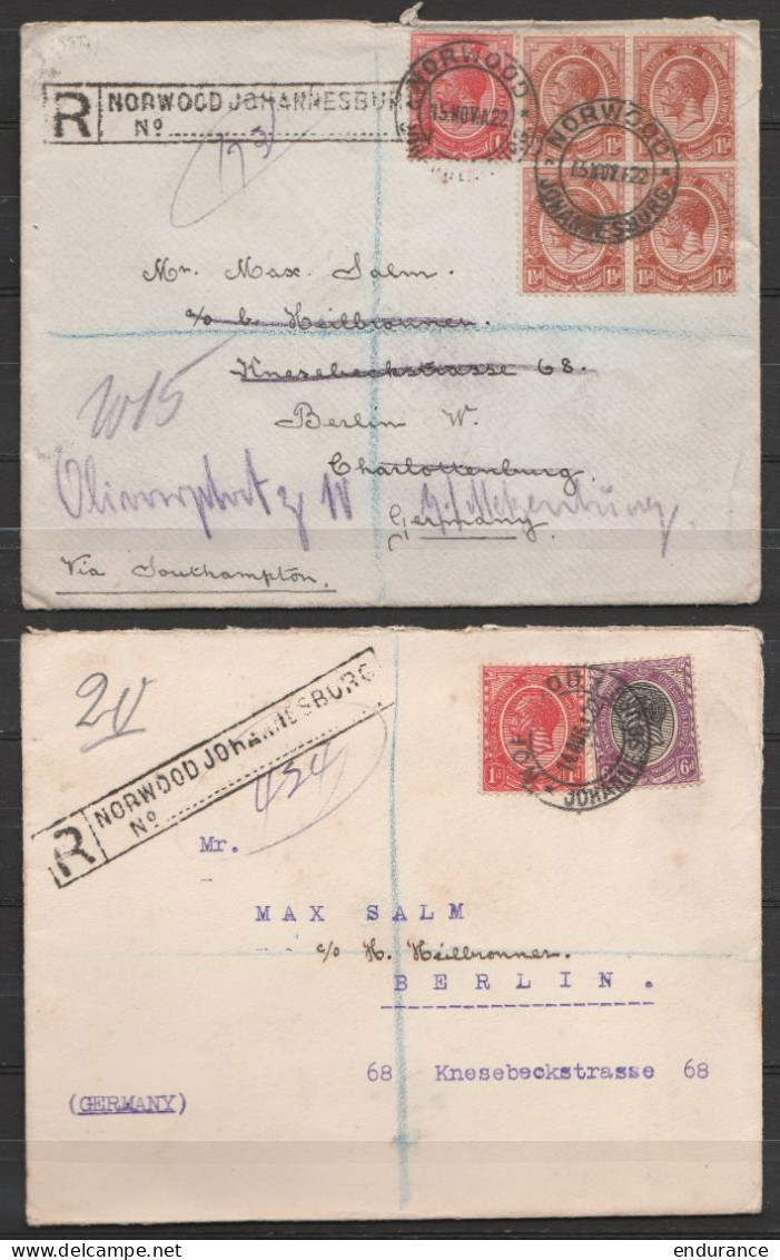Afrique Du Sud - Lot De 2 Lettres Recommandées Càd NORWOOD JOHANNESBURG 1922 Pour BERLIN & CHARLOTTENBURG - Lettres & Documents