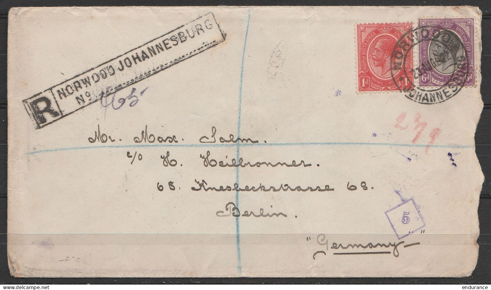 Afrique Du Sud - L. Recommandée Càd NORWOOD JOHANNESBURG 1922 Pour BERLIN / CHARLOTTENBURG (au Dos: Càd CÖLN) - Briefe U. Dokumente