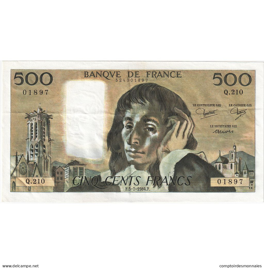 France, 500 Francs, Pascal, 1984, Q.210, SUP, Fayette:71.31, KM:156e - 500 F 1968-1993 ''Pascal''