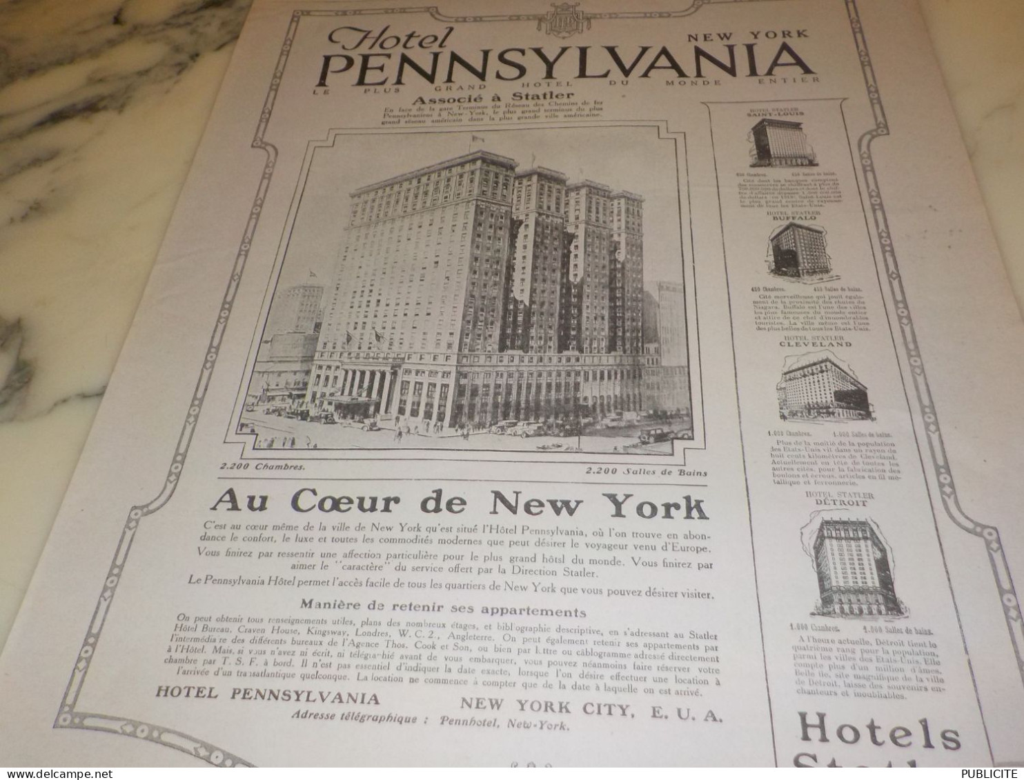 ANCIENNE PUBLICITE HOTEL PENNSYLVANIA NEW YORK 1920 - Pubblicitari