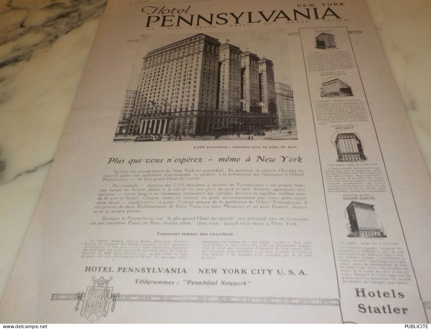 ANCIENNE PUBLICITE HOTEL PENNSYLVANIA NEW YORK 1921 - Pubblicitari