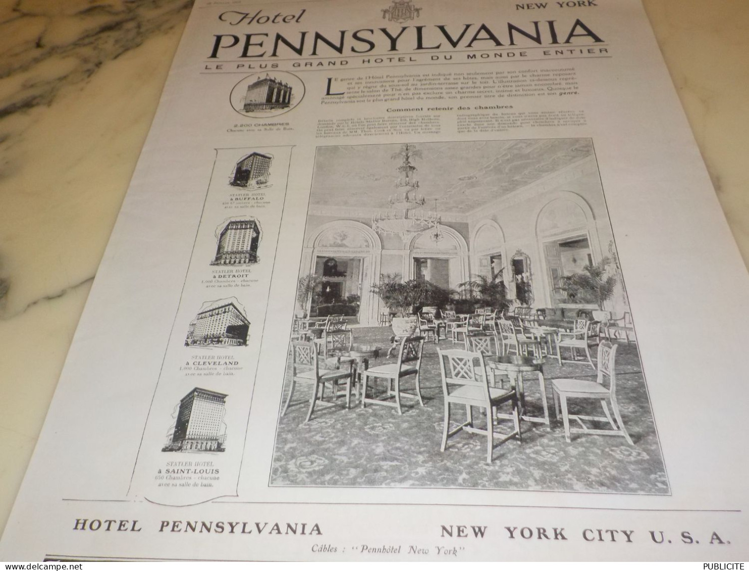 ANCIENNE PUBLICITE SALLE A MANGER HOTEL PENNSYLVANIA NEW YORK 1921 - Pubblicitari