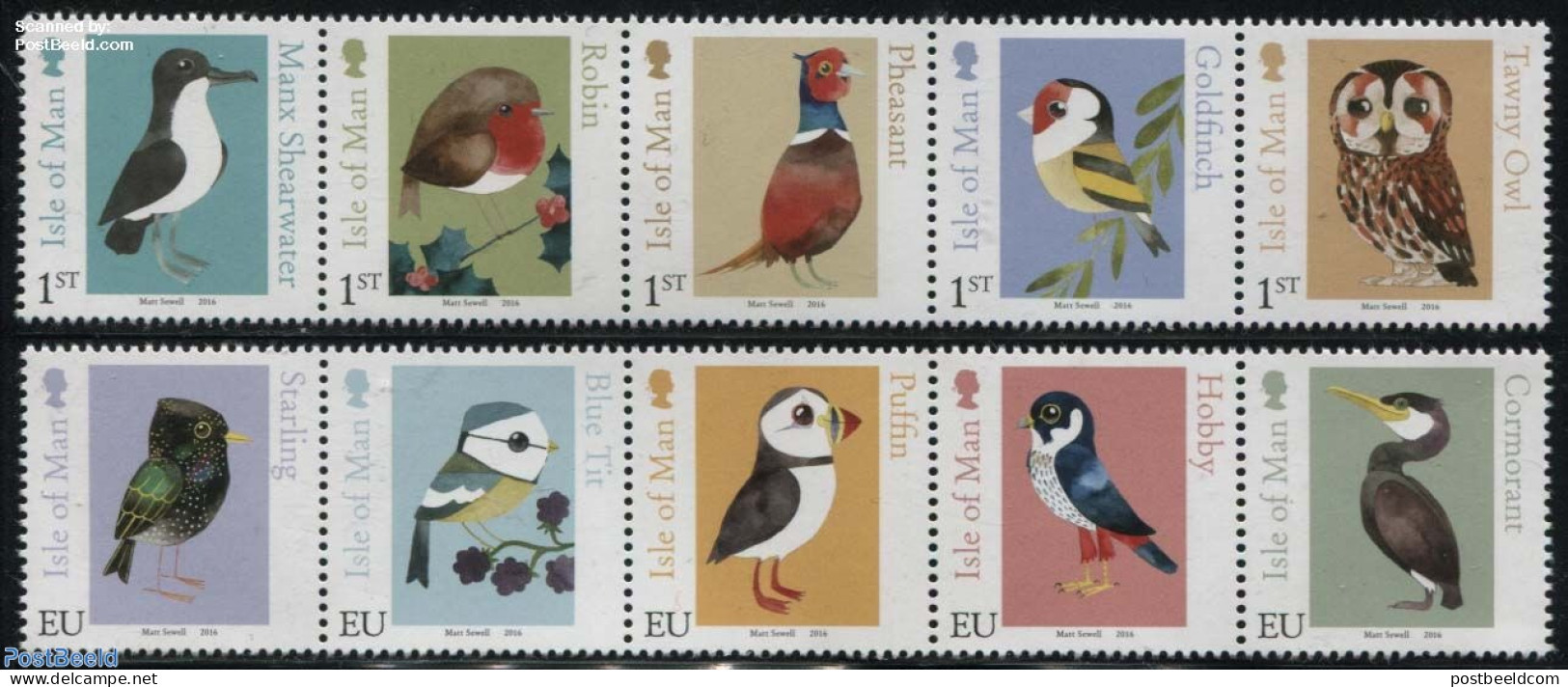 Isle Of Man 2016 Matt Sewells Birds 10v (2x[::::]), Mint NH, Nature - Birds - Owls - Puffins - Man (Ile De)
