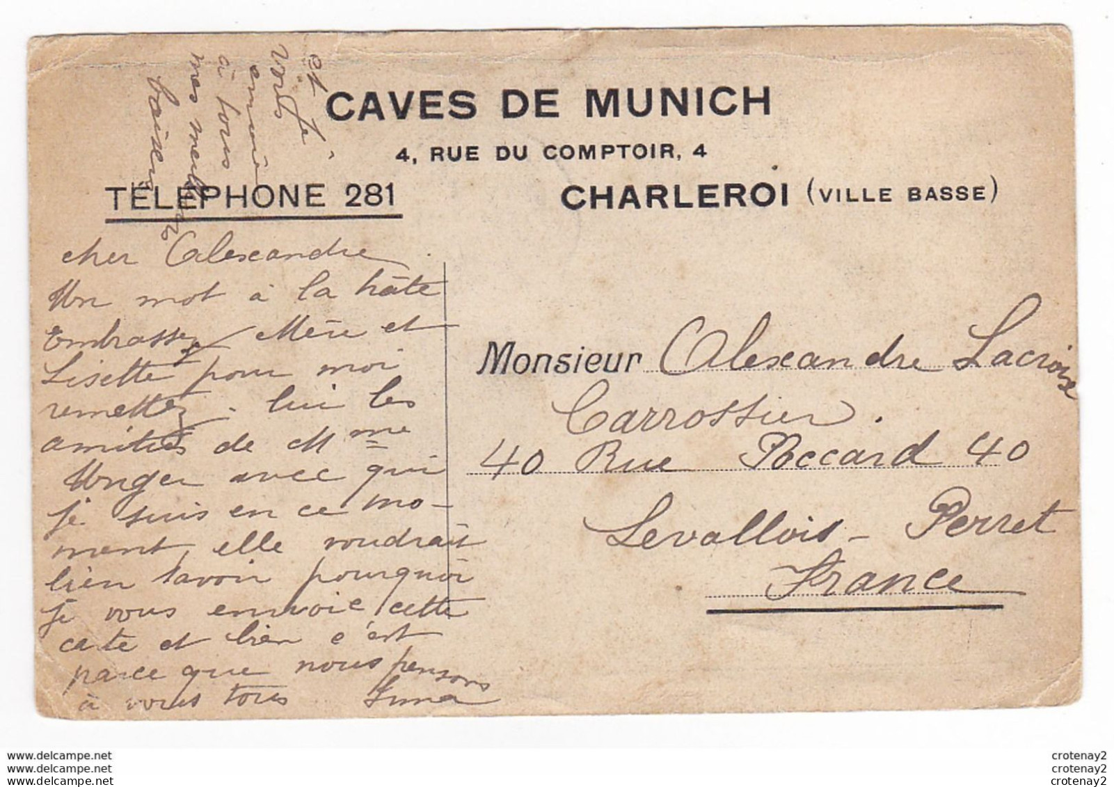 CHARLEROI Ville Basse Caves De Munich Rue Du Comptoir Buveur De Bière Avec Chope Déjà Vide VOIR DOS En 1911 - Charleroi