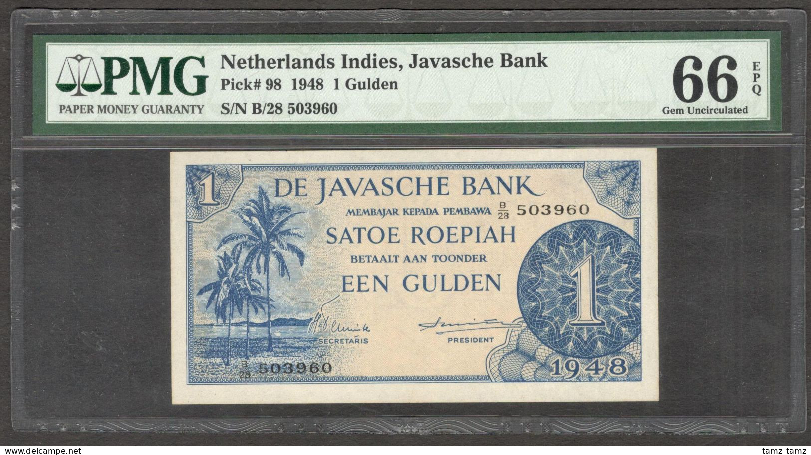 Netherlands East Indies 1 Gulden 1948 P-98 PMG 66 GEM UNC - Indonesia