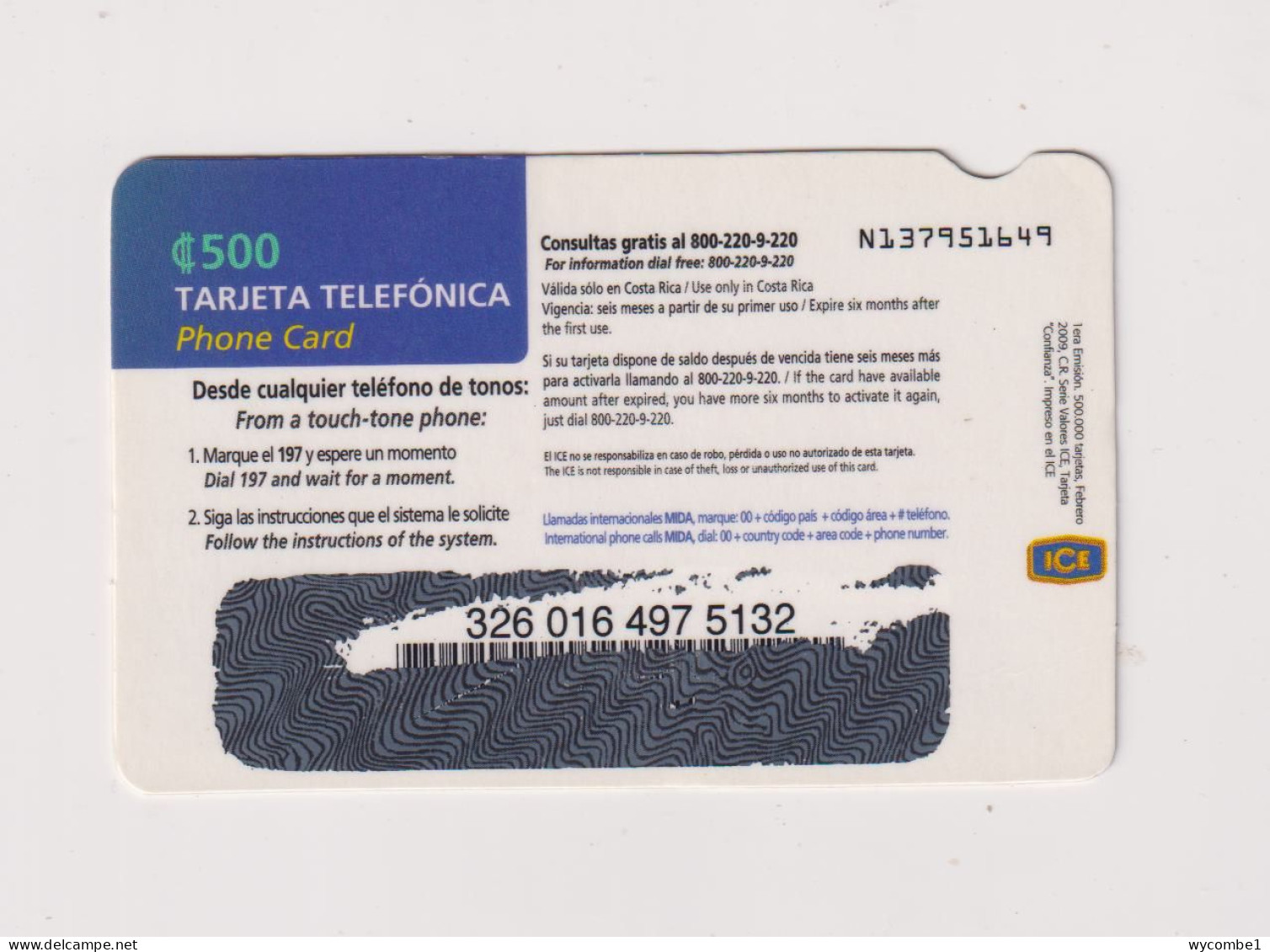 COSTA RICA -  Confianza Remote  Phonecard - Costa Rica