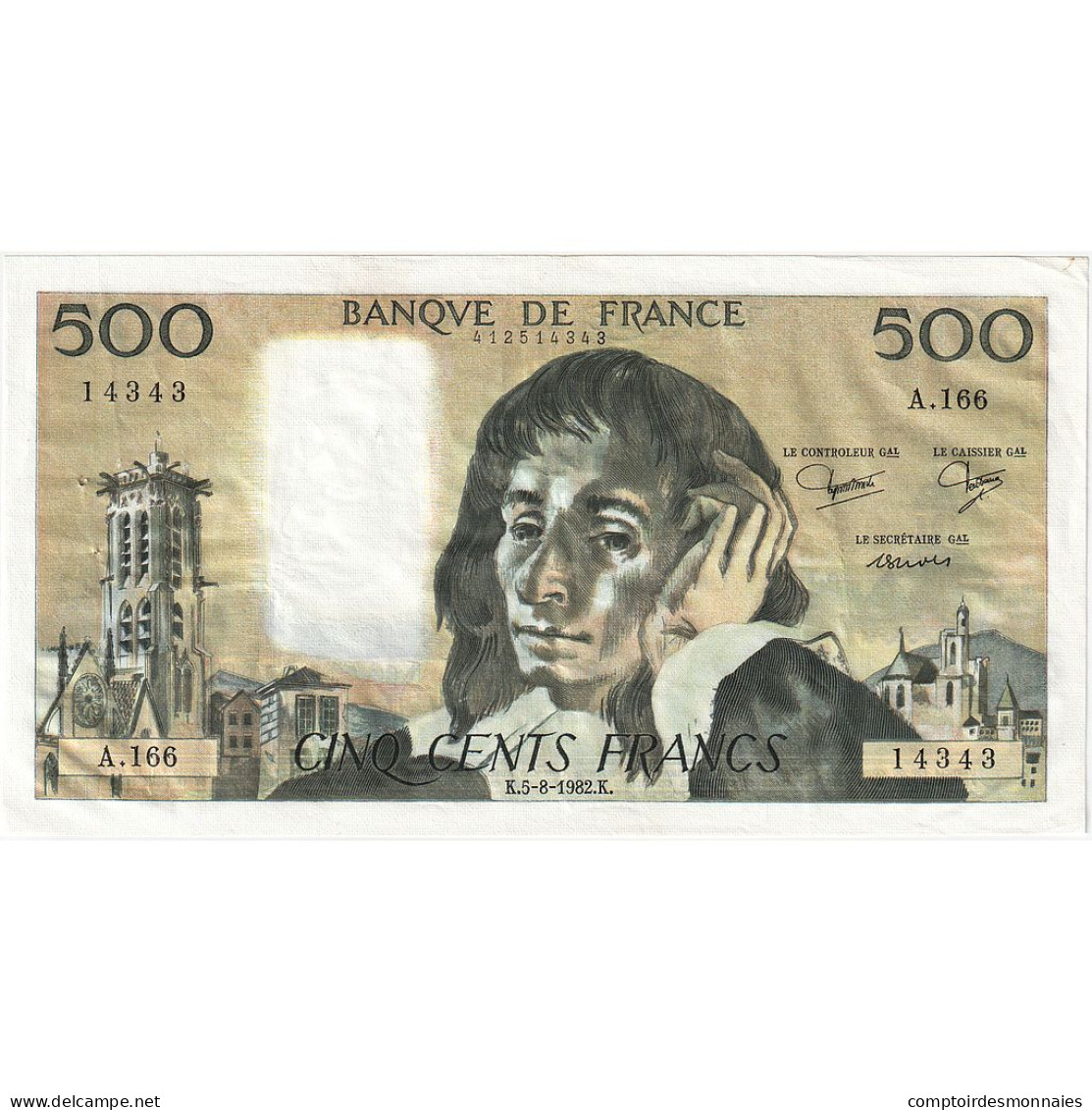 France, 500 Francs, Pascal, 1982, A.166, TTB+, Fayette:71.27, KM:156e - 500 F 1968-1993 ''Pascal''