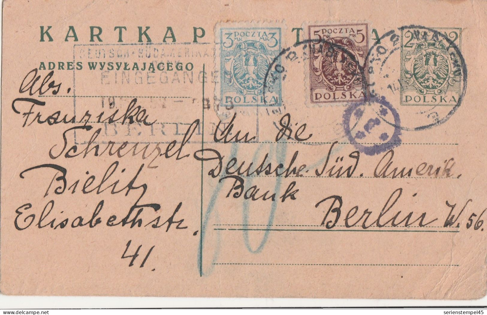 Polen Ganzsache Mit Zufrankatur Aus Bielitz Bielsko-Biała 1921 Mit Nachporto Und Zensur Nach Berlin - Cartas & Documentos