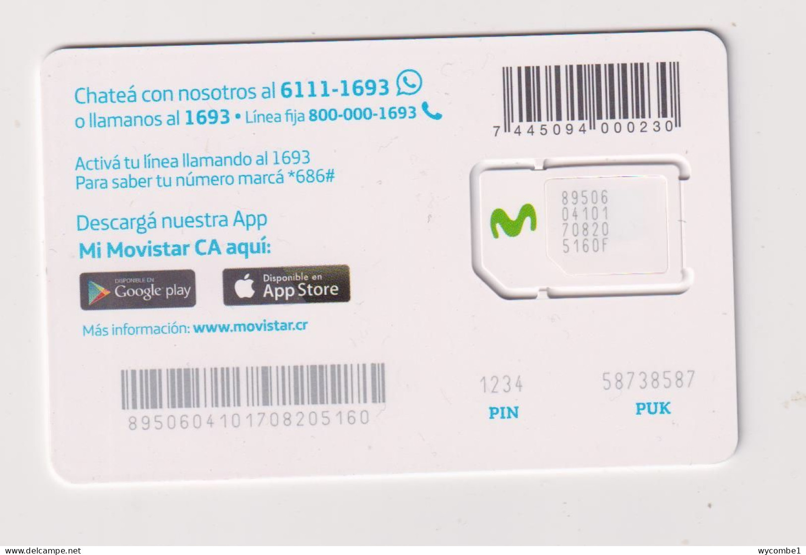 COSTA RICA  - Movistar Unused Chip SIM Phonecard - Costa Rica