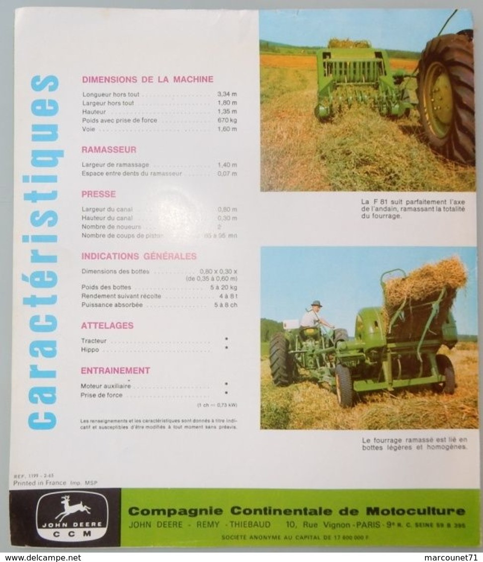 PROSPECTUS DÉPLIANT DOCUMENT PUBLICITAIRE JOHN DEERE MATÉRIEL AGRICOLE TRACTEUR RAMASSEUSE PRESSE F 81 - Bricolage / Technique