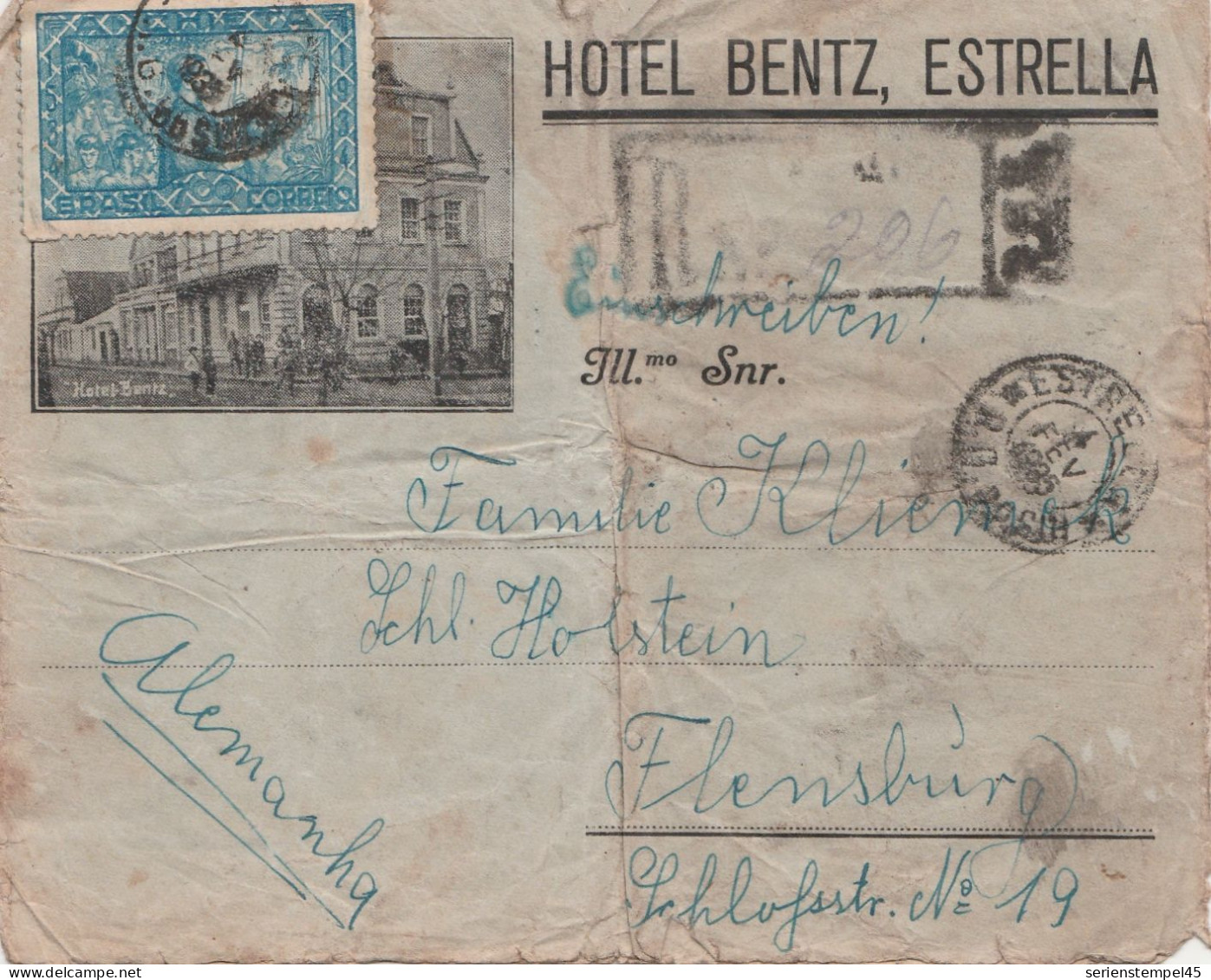 Brasilien Einschreibe Brief Hotel Bentz Estrella Mit 1 Sondermarke Nach Flensburg 1935 - Storia Postale