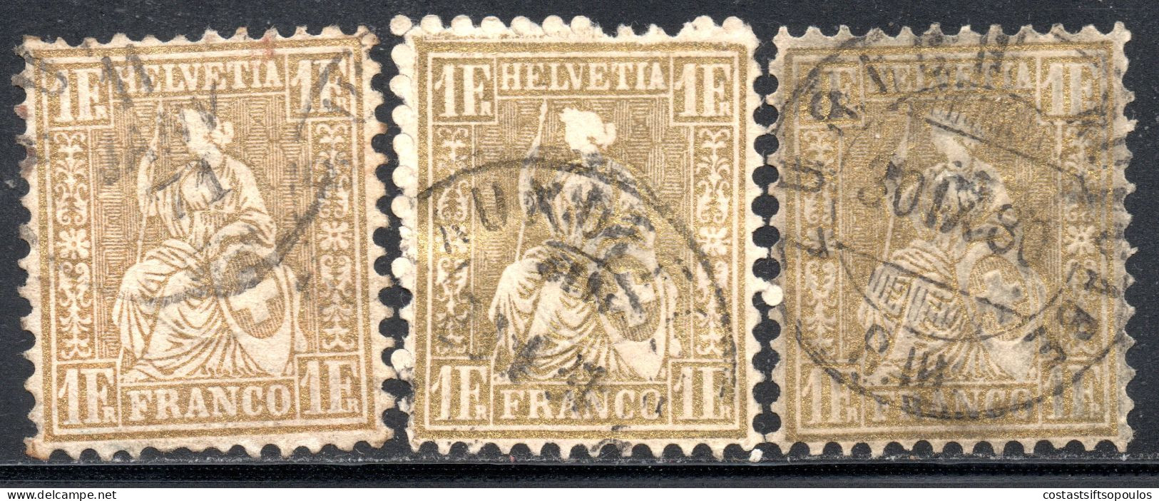 2619. SWITZERLAND 1862 1 FR. GOLD X 3 - Gebruikt