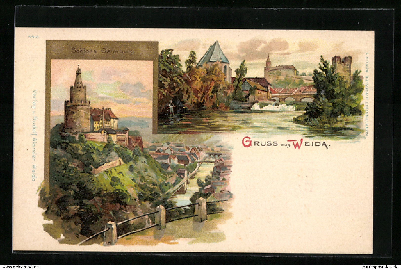 Lithographie Weida, Ortsansicht Mit Fluss Und Schloss Osterburg  - Weida
