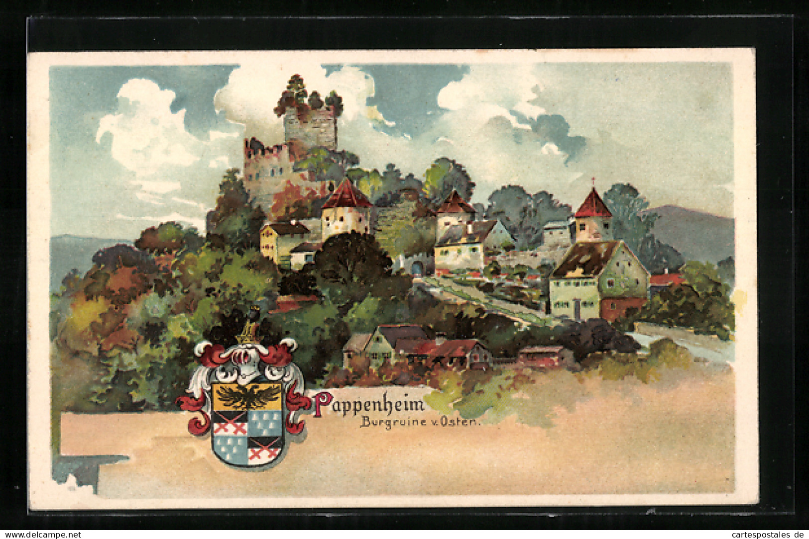 Künstler-AK Pappenheim, Burgruine Von Osten, Wappen  - Pappenheim