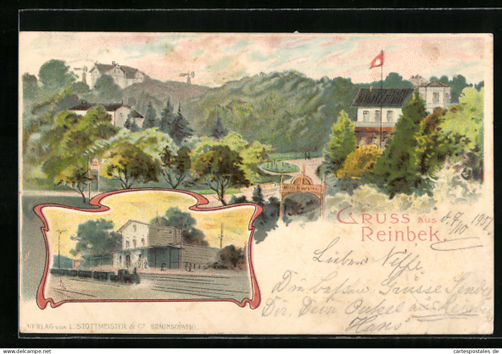 Lithographie Reinbek, Bahnhof, Hotel Nancythal, Eisenbahn  - Reinbek