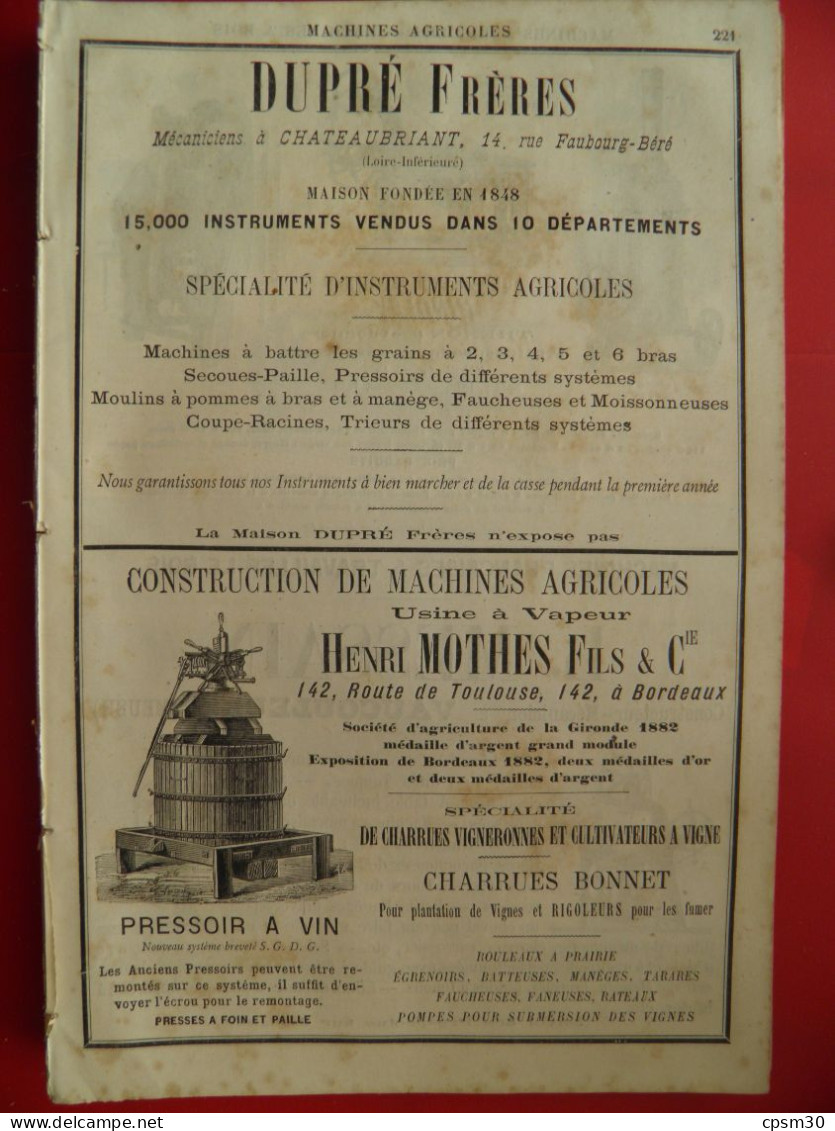 PUB 1884 - Machines Agricoles Dupré 44 Chateaubriant, Mothes 33 Bordeaux, Hindley 24 Thenon, Messain 55 Vaucouleurs - Publicités