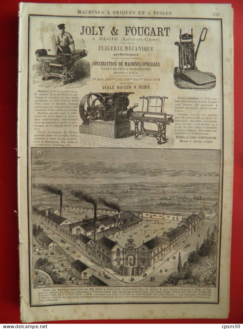 PUB 1884 - Machines à Tuiles Joly & Foucart 41 Blois, E Dumont 80 Acheux 42 Roanne - Publicités