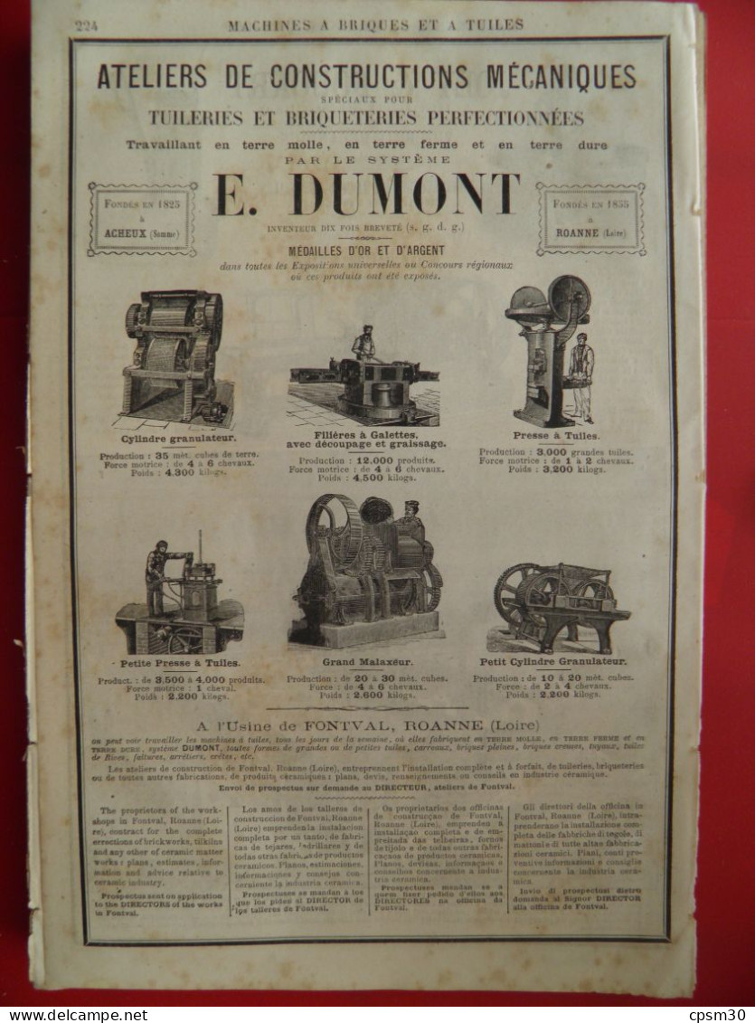 PUB 1884 - Machines à Tuiles Joly & Foucart 41 Blois, E Dumont 80 Acheux 42 Roanne - Publicités