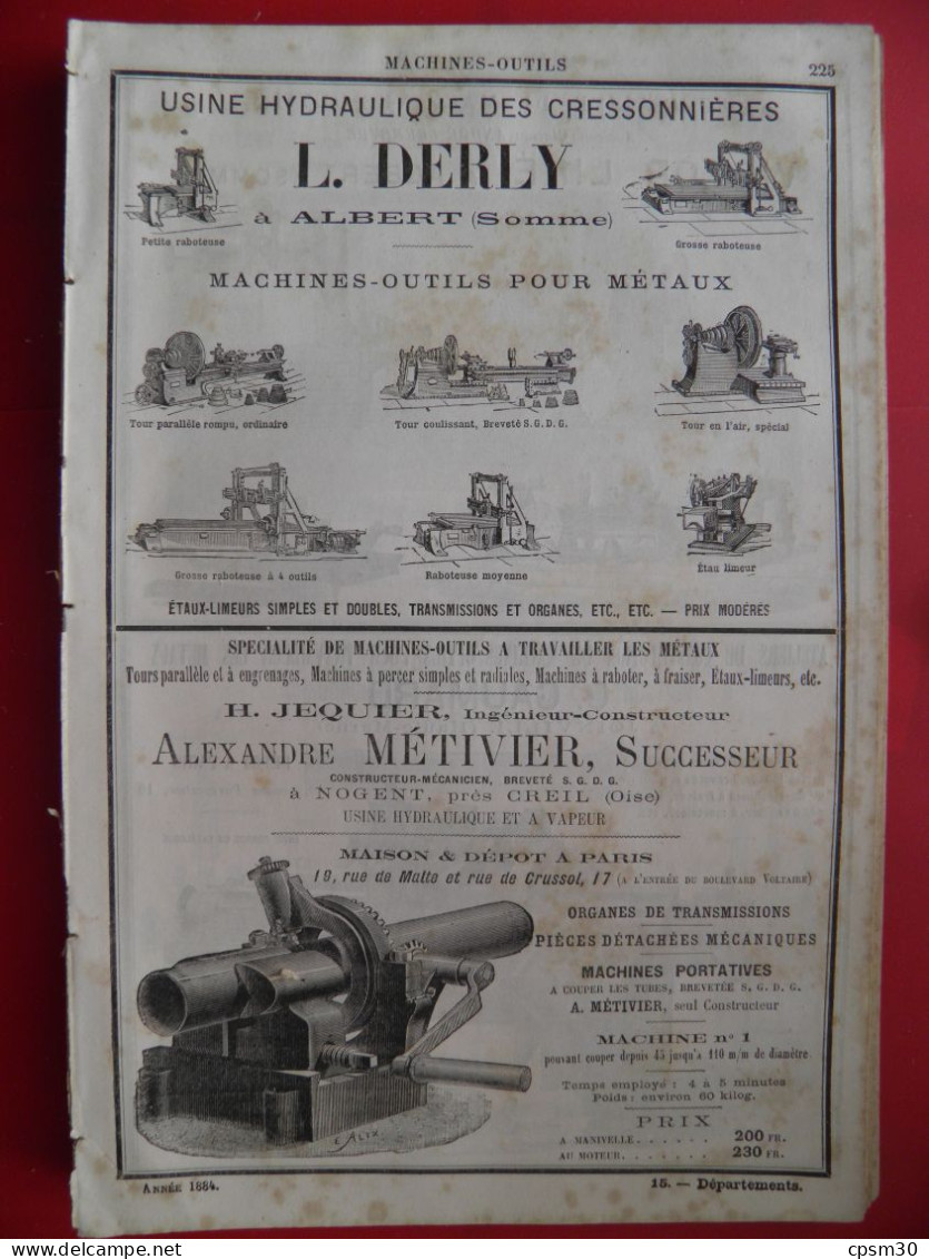 PUB 1884 - Machines Outils L Derly 80 Albert, Métivier 60 Nogent, V Liné 80 Albert, G Gaumard 52 Joinville - Publicités