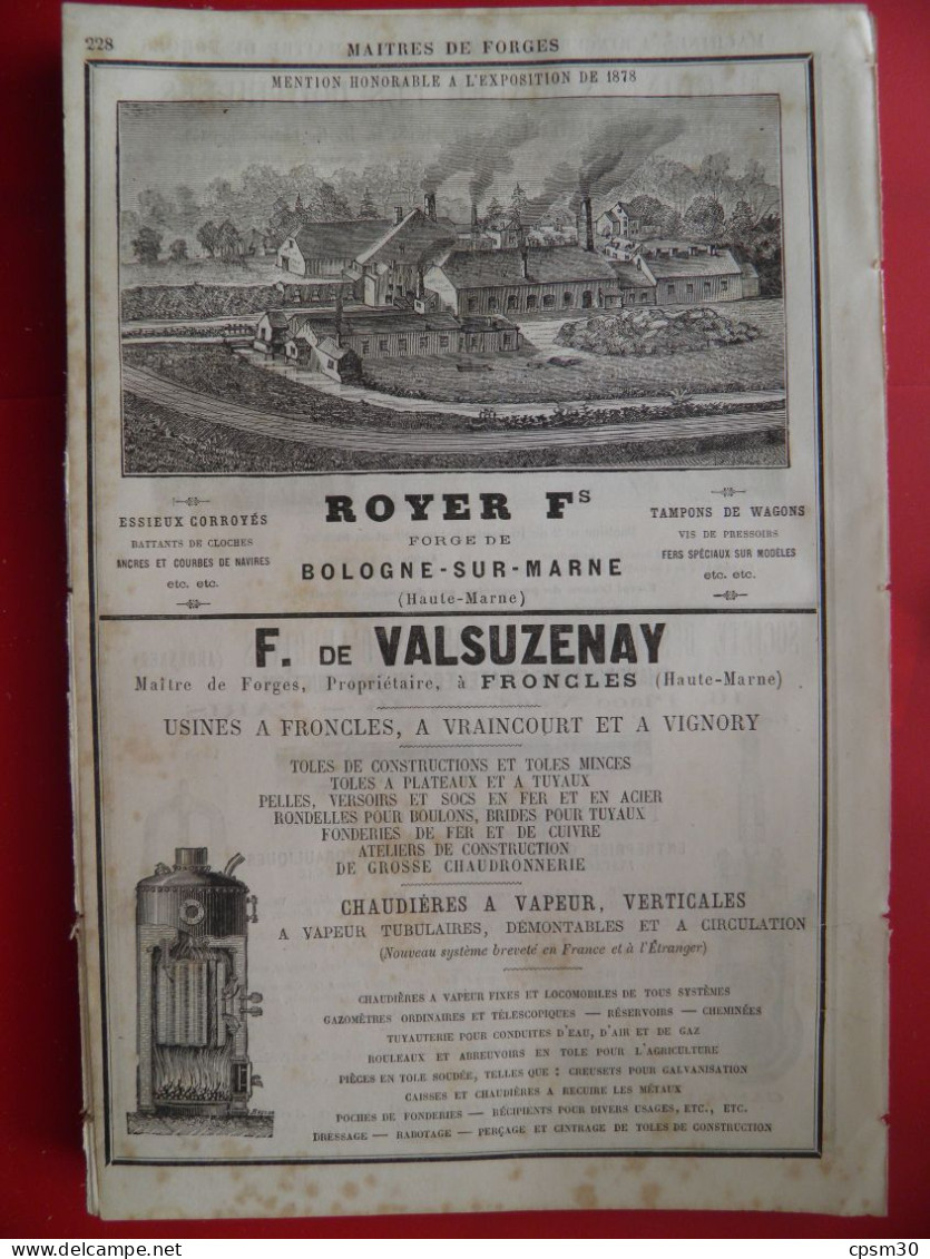 PUB 1884 - Machines à Rincer Les Bouteilles Vitteaut 71 Chalon, Forges D'Aubrives 08, Wagons Royer 51 Bologne Valsuzenay - Publicités